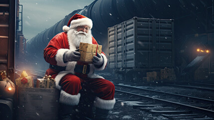 Santa Claus secret base, filling container trucks with presents