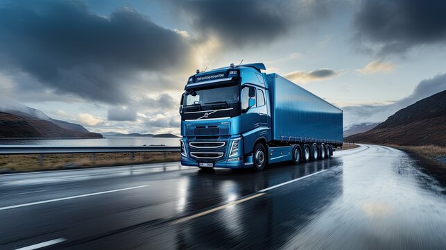 Blue lorry driving on wet road
