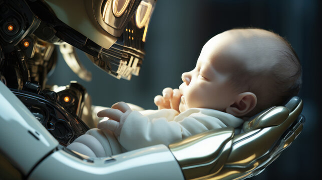 humanoid robot holding human baby extremely closeup, ai future