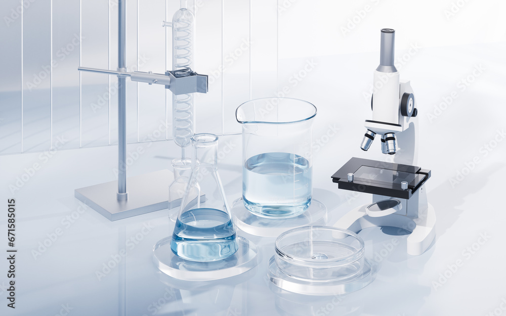 Aufkleber glassware and microscope in the laboratory, 3d rendering.