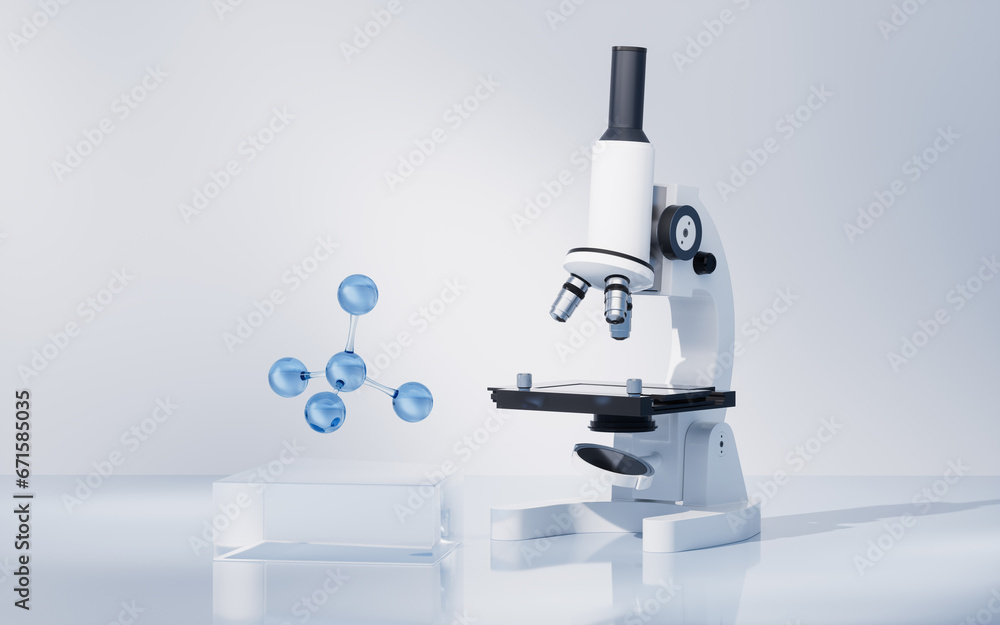 Wall mural molecule and microscope in the laboratory, 3d rendering.