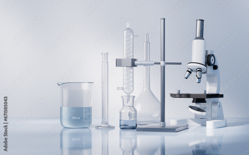 Aufkleber glassware and microscope in the laboratory, 3d rendering.