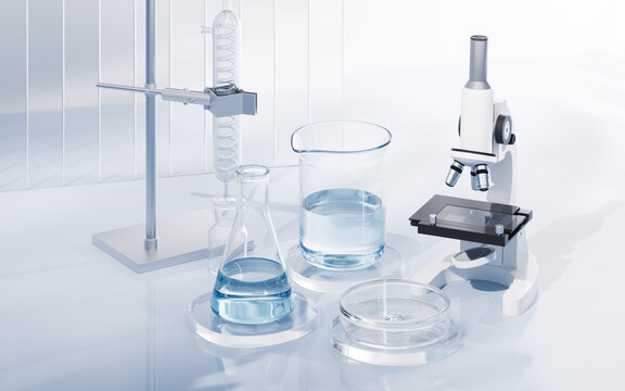 Glassware and microscope in the laboratory, 3d rendering.