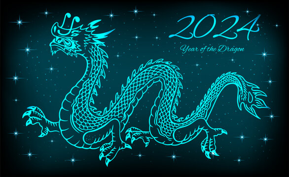 Neon dragon 2024. Symbol of the New Year according to the eastern calendar. Bright wild dragon on a dark background. For cards, calendars for Christmas. Vector.