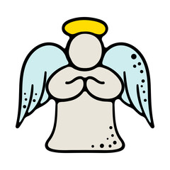 Angel with wings and halo. Pray, fold hands in prayer. Decoration, decorate, christmas, new year, eve, december 25, winter, holiday atmosphere, celebrate, family celebration, traditions. Colorful icon