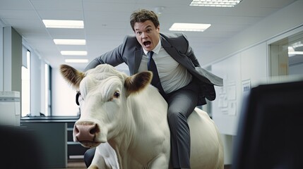 Businessman Riding Cow In Office
