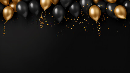 minimalist black party  background with a black and golden ballons with empty copy space