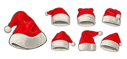 The Santa Claus hat set is made in a sketch style. Isolated on white background. Vector. - obrazy, fototapety, plakaty