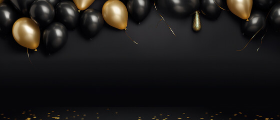 Naklejka premium minimalist black party background with a black and golden ballons with empty copy space