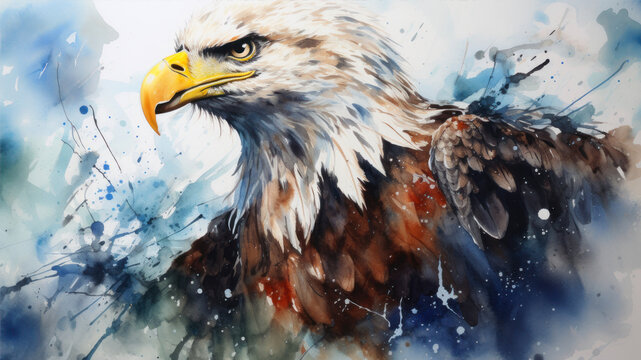 Digital painting of a Bald Eagle in front of a watercolor background