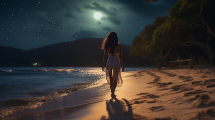 A girl was walking on the beach at night - obrazy, fototapety, plakaty