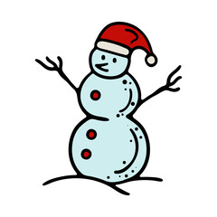 Snowman in santas hat. Branches instead of hands, snow, snowdrift. Christmas, new year, eve, december 25, winter, holiday atmosphere, celebrate, family celebration, traditions. Colorful icon
