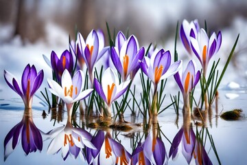 Early Spring Crocus in Snow series: group of flowers 