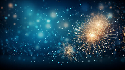 Greeting card Happy New Year. Beautiful holiday web banner or billboard with golden fireworks on a festive blue background