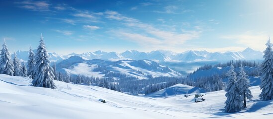 Fototapeta na wymiar Snowy mountain top with trees abundant snow and a majestic peak under a blue winter sky