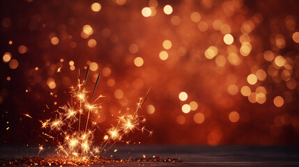 Greeting card Happy New Year. Beautiful holiday web banner or billboard with Golden sparkling sparklers on festive background with fireworks