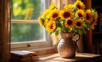 Sunflowers in a vase on the windowsill with books