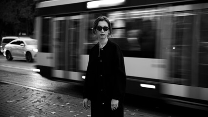Front image of a young woman in sunglasses posing behind running bus. Black and white image.