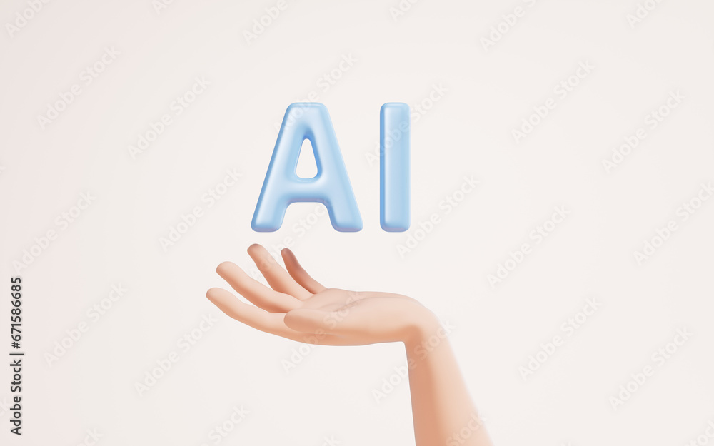 Poster ai fonts with artificial intelligence concept in a hand, 3d rendering.