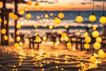 blurred bokeh light on sunset with yellow string lights decor in beach restaurant - obrazy, fototapety, plakaty