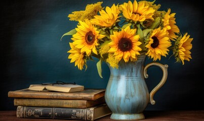 Bouquet of sunflowers in a vase and books