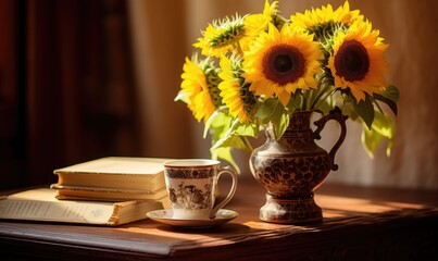 Still life with a vase of sunflowers and books on a black background