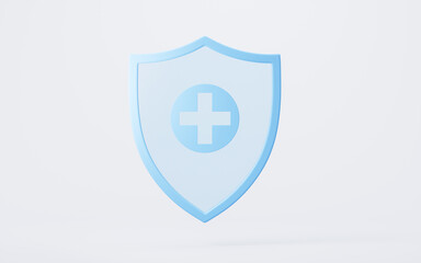 Blue shield with medical sign, 3d rendering.