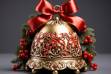 Red and golden christmas bell with red bow isolated on white