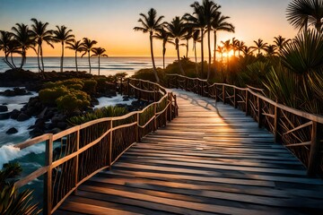 Vertical landscape photo of the setting sun lighting up blue ocean waves, Pandanus palms, Casuarina trees and a wooden path with railings leading down to  Beach - Powered by Adobe