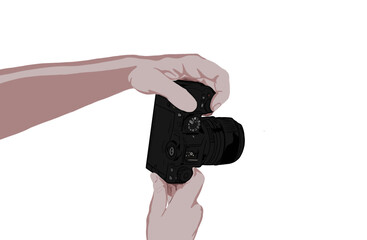 hand is taking a photo with a mirrorless camera, white background