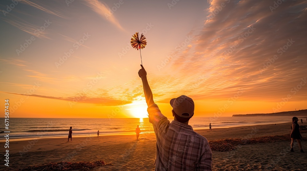 Canvas Prints creative picture of guy holding lollipop stick in the sky matching with the sunset sun in the califo