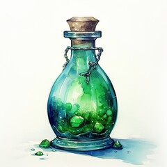 Watercolor painting of beautiful bottles with magical potion.