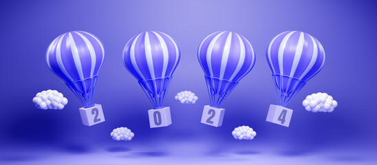 Happy new year 2024 background. blue boxes bearing the year 2024, lifted into the air by hot air balloons