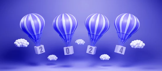 Cercles muraux Montgolfière Happy new year 2024 background. blue boxes bearing the year 2024, lifted into the air by hot air balloons