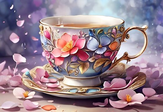 Cup of tea with flowers, Beautiful, English, vintage teacup with Japanese cherry tree blossoms, close upt