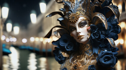 Woman in Venetian masquerade costume standing in front of Venice canal.