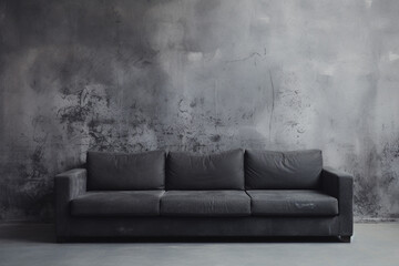 illustration of a black sofa in a room with gray concrete wall. Created with Generative AI