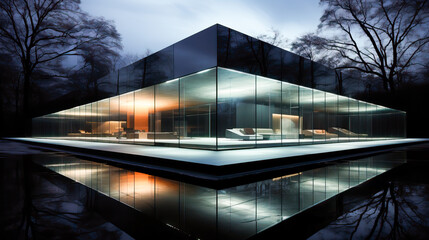 Modern house with large windows, integrated into nature. Space for silence and concentration in a minimalist house.