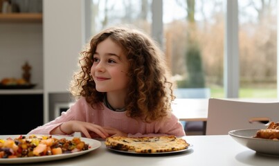 Cute little girl with curly hair eating pizza in the kitchen at home