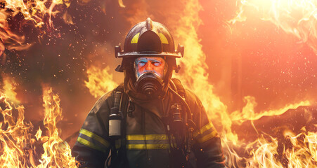 male firefighter portrait among the fire