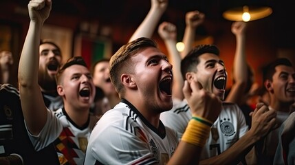 Diverse group of men watching soccer match at home and cheering for Germany team.
