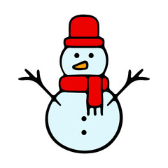 Snowman in red hat, scarf, carrot nose, branches instead of hands. Decoration, decorate, christmas, new year, eve, december 25, winter, holiday atmosphere family celebration, traditions. Colorful icon