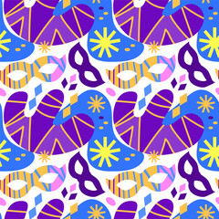 An artistic pattern for New Year Party or masquerade. Carnival masks, abstract forms. Blue, pink, yellow, vilet, white. For fabric, textiles, wrapping paper, postcards, theater poster.
