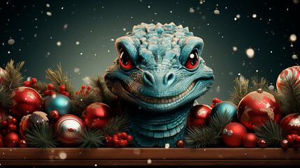 Portrait of a wooden dragon with Christmas balls.
