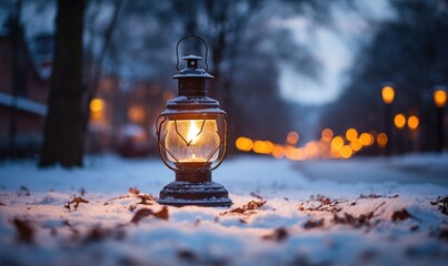 Lantern in snowy forest at night. Christmas and New Year concept.