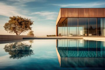 A house of metal and glass with a swimming pool.
