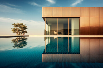 Luxurious modern home with pool and reflection in the water by sun on a sunny day.