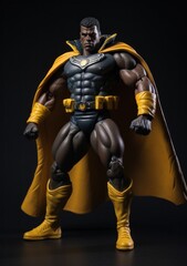 Fototapeta na wymiar Muscular black action superhero with cape.