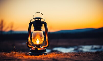 Kerosene lamp on the field at sunset. Camping concept