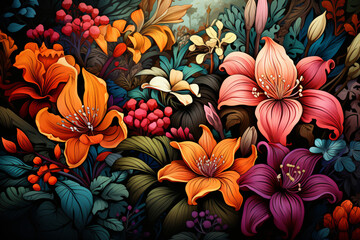 Fototapeta premium Hand drawn tropical plants flowers, leaves, forest, seamless pattern, artistic drawing. 